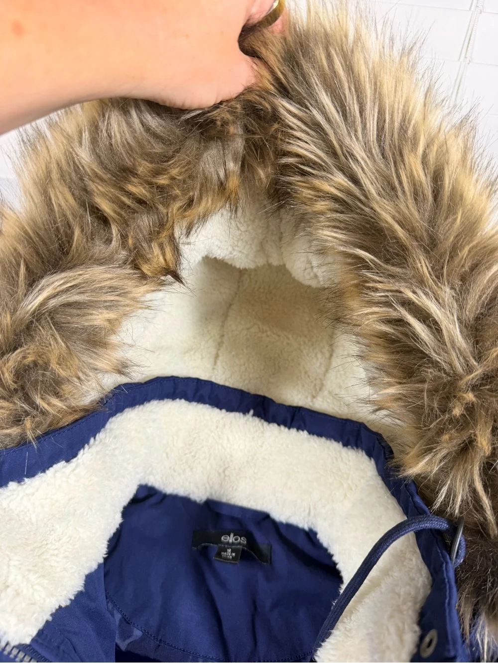 Ellos Women's Navy Parka Coat with Faux Fur Trim